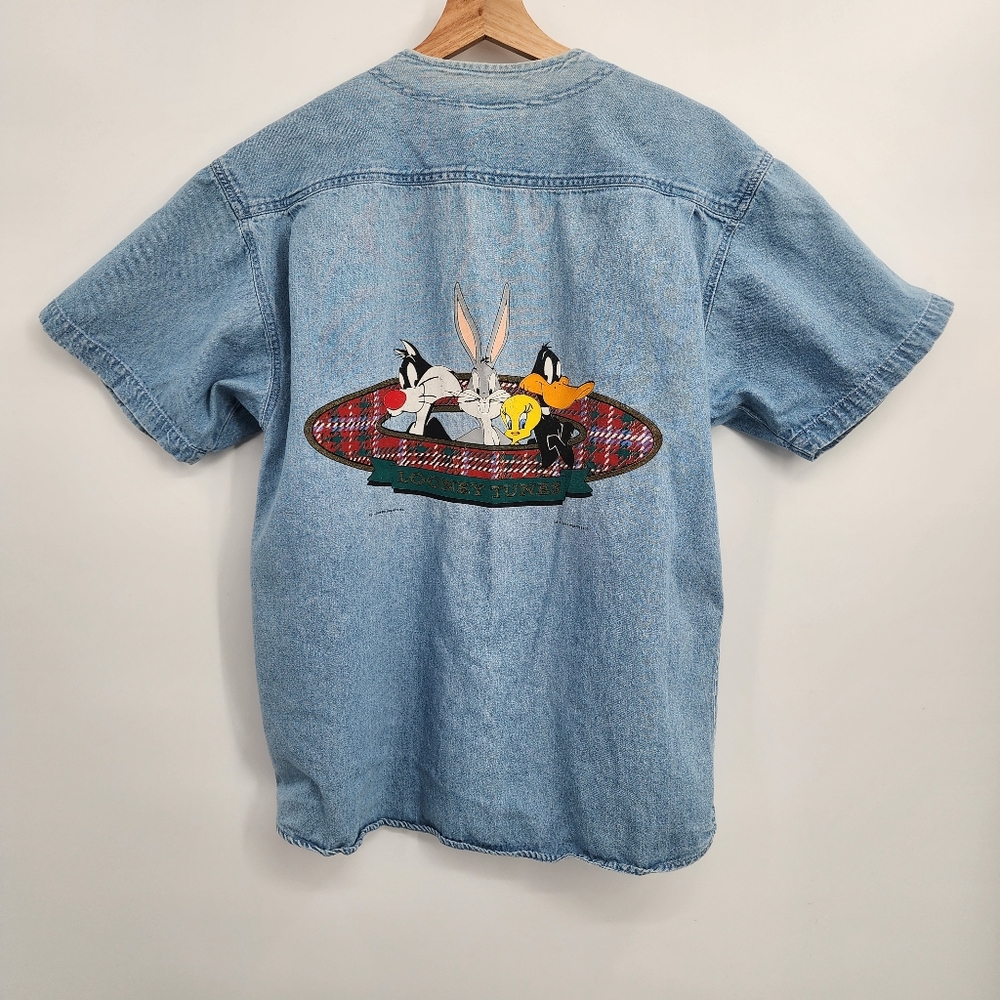 Vintage Looney Tunes Denim Baseball Style Short Sleeve Button Down
